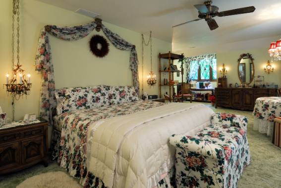 bedroom with flower wallpaper
